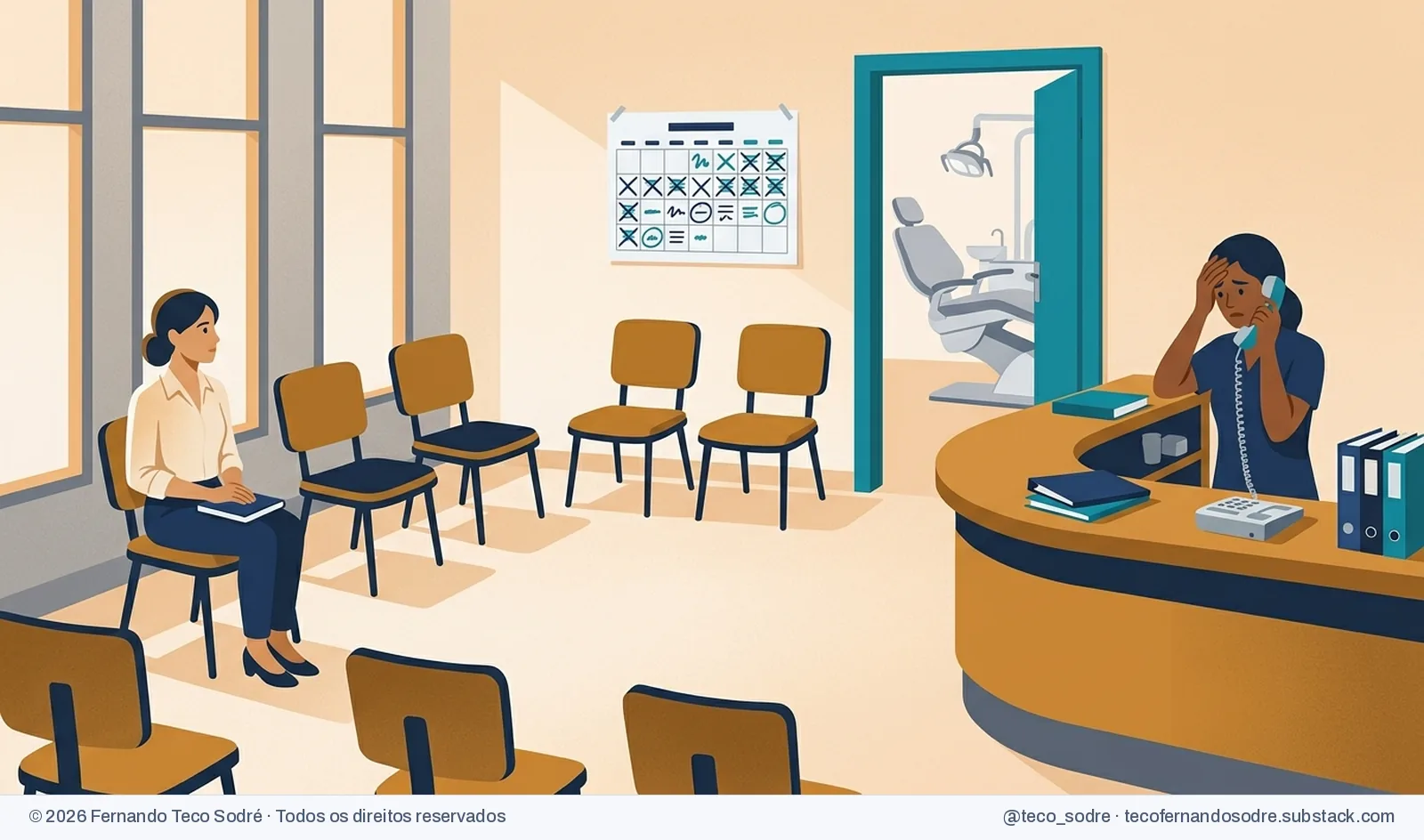 Recepção de uma clínica odontológica num sábado: a recepcionista ao telefone com a mão na cabeça, cadeiras de espera vazias, um calendário com marcações riscadas e, ao fundo, uma cadeira de dentista vazia; uma mulher observa sentada num canto.